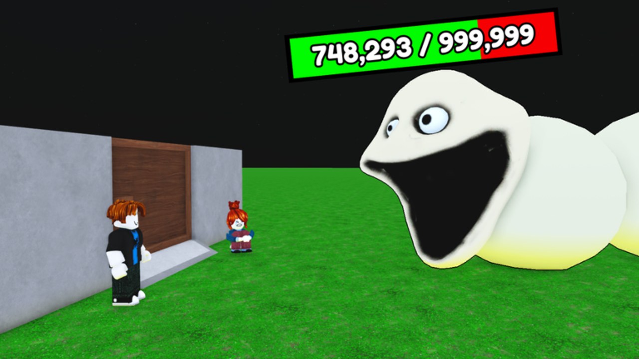 Scary Worm charging a wooden door while two Roblox avatars defend the base
